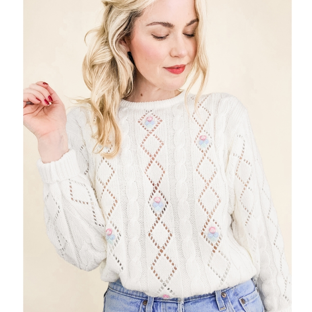 80s Ivory Floral Embroidered Pointelle VTG Sweater - Picture 9 of 16